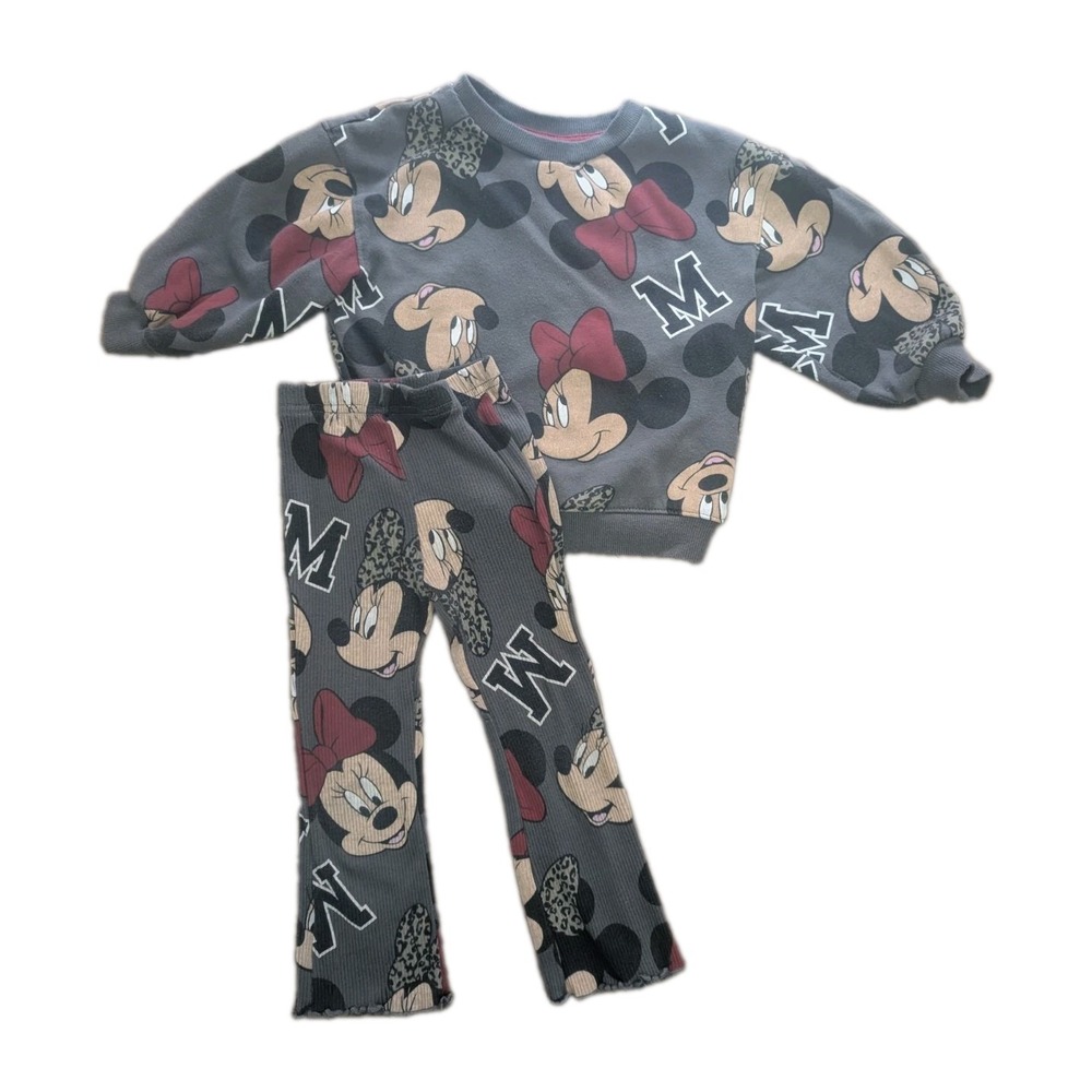Disney Minnie Mouse Girls 3T Gray Leopard Bow Sweatshirt Flare Pants Set
